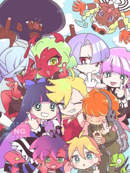 6+boys 6+girls afro aguri_(aaa_guwo) bastard_(psg) black_hair blonde_hair blue_eyes blue_sky blush bow brief_(psg) chuck_(psg) dress family fang fastener_(psg) father_and_son garterbelt_(psg) ghostbusters_uniform goggles goggles_on_head goth_fashion gothic_lolita green_eyes green_hair green_hoodie grey_hair gunsmith_bitch_(psg) hair_bow happy highres honekoneko_(psg) hood hoodie husband_and_wife junior_(psg) kneesocks_(psg) lolita_fashion middle_finger mother_and_son multicolored_hair multiple_boys multiple_girls one_eye_closed panty_&amp;_stocking_with_garterbelt panty_(psg) pet pink_hair polyester_(psg) polyurethane_(psg) purple_eyes purple_hair red_dress red_eyes scanty_(psg) sky smile stocking_(psg) tongue tongue_out