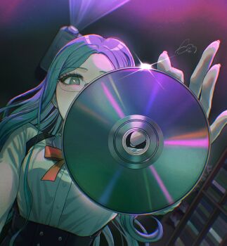 1girl blue_hair buttons cd collared_shirt danganronpa_(series) danganronpa_v3:_killing_harmony eyelashes from_below glasses hashtag-only_commentary highres holding holding_cd indoors katahaba_(wawawa_wa_haha) light_blush long_hair long_sleeves looking_at_viewer object_focus ribbon school_uniform shirogane_tsumugi shirt solo very_long_hair white_shirt