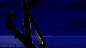 1girl animated animated_gif boots glasses gloves gun hellsing long_hair lowres rip_van_winkle_(hellsing) screencap sharp_teeth teeth weapon