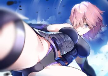 1girl armor breasts cloud day debris elbow_gloves fate/grand_order fate_(series) faulds foreshortening gloves groin hair_over_one_eye highleg highres kicking len_(hand_linke) mash_kyrielight mash_kyrielight_(demi-servant) medium_breasts midriff navel purple_eyes purple_hair short_hair sky solo