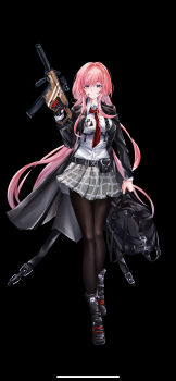 1girl absurdres bag bang_dream! bang_dream!_it&#039;s_mygo!!!!! belt black_background black_belt black_boots black_coat black_pantyhose boots breasts chihaya_anon chinese_commentary coat collared_shirt commentary_request grey_eyes grey_skirt gun highres holding holding_bag holding_gun holding_weapon iue_(pixiv_95802465) kriss_vector long_hair medium_breasts miniskirt necktie open_clothes open_coat pantyhose pink_hair plaid_clothes plaid_skirt pleated_skirt red_necktie shirt simple_background skirt solo submachine_gun variant_set very_long_hair weapon white_shirt