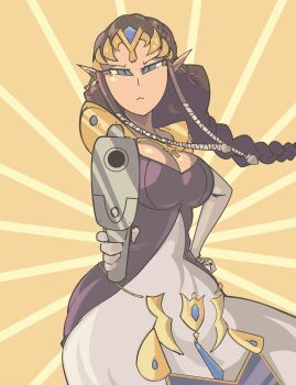 aiming blue_eyes braid braided_ponytail breasts brown_hair cleavage davewaterfalls dress gun hand_on_own_hip handgun large_penis looking_at_viewer nintendo penis pointy_ears princess_zelda the_legend_of_zelda the_legend_of_zelda:_twilight_princess tiara weapon