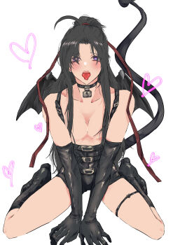 1boy absurdres ahoge alternate_costume androgynous bare_pectorals bare_shoulders belt black_belt black_boots black_gloves black_hair black_shorts black_wings blush boots bulge choker collarbone demon_boy demon_horns demon_tail demon_wings elbow_gloves full_body gloves hair_ribbon heart heart-shaped_pupils highres horns lock long_hair looking_at_viewer male_focus modao_zushi naruse_(kmk648) open_mouth pectorals ponytail purple_eyes red_ribbon revealing_clothes ribbon shorts sidelocks simple_background sitting socks solo symbol-shaped_pupils tail thigh_strap tongue tongue_out trap wariza wei_wuxian white_background wings