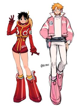 1boy 1girl belt black_hair boots breasts closed_mouth commentary facial_scar full_body genderswap genderswap_(ftm) genderswap_(mtf) gloves hand_on_own_hip hand_up hat headphones height_difference highres hood hood_down hooded_jacket hoodie jacket ki2ri5 medium_breasts monkey_d._luffy multiple_belts nami_(one_piece) one_piece open_clothes open_jacket orange_hair pants parted_lips pink_boots pink_jacket red_boots red_gloves red_hoodie red_jacket red_shorts scar scar_on_cheek scar_on_face science_fiction shirt short_hair short_shorts shorts simple_background standing straw_hat symbol-only_commentary thighs turtleneck turtleneck_shirt twitter_username unworn_hat unworn_headwear white_background white_pants white_shirt