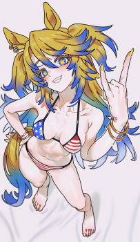 Rule 34 | 1girl, \m/, american flag, american flag bikini, american flag print, animal ears, barefoot, bikini, blonde hair, blue eyes, blue hair, blush, bracelet, commentary, contrapposto, flag print, flag print bikini, foreshortening, gold bracelet, gradient hair, hair between eyes, hand on own hip, highres, horse ears, horse girl, horse tail, jewelry, long hair, looking at viewer, multicolored hair, navel, obey your master (umamusume), print bikini, sarcophage, simple background, smile, solo, standing, star-shaped pupils, star (symbol), stomach, swimsuit, symbol-shaped pupils, tail, thighs, toes, umamusume, umamusume: cinderella gray, white background