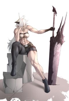 1girl abs absurdres ahoge arm_support asymmetrical_clothes azura_anblue bandeau belt boots breasts fantasy highres horns huge_weapon large_breasts long_hair muscular muscular_female orange_eyes original planted planted_sword planted_weapon pointy_ears signature single_horn single_pantsleg sitting solo sword very_long_hair warrior weapon white_background white_hair