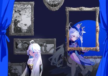 1girl absurdres ahoge blue_eyes blue_jacket blue_shoes closed_mouth commentary crossed_legs furina_(genshin_impact) genshin_impact hair_between_eyes highres jacket kurattes long_hair long_sleeves multiple_views photo_(object) shoes short_shorts shorts sitting socks symbol-only_commentary white_hair white_shorts white_socks