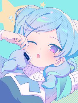 1girl beta_(inazuma_eleven) blue_background blue_hair bodysuit commentary double_bun ebi_(shrimp_eleven) grey_bodysuit hair_bun highres inazuma_eleven inazuma_eleven_(series) inazuma_eleven_go inazuma_eleven_go_chrono_stone inazuma_eleven_victory_road light_blush long_hair looking_at_viewer protocol_omega purple_eyes rubbing_eyes simple_background upper_body