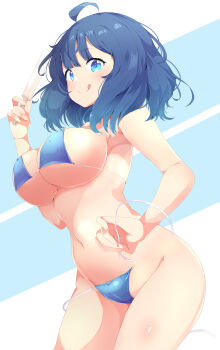 1girl absurdres adapted_costume ahoge aru_(arudes) bikini blue_background blue_bikini blue_eyes blue_hair blush breasts commentary_request cowboy_shot food groin hand_up highres holding holding_food holding_popsicle large_breasts looking_at_viewer make_heroine_ga_oo_sugiru! medium_hair micro_bikini navel popsicle side-tie_bikini_bottom solo string_bikini swimsuit tongue tongue_out two-tone_background untied_bikini_bottom untying wardrobe_malfunction white_background yanami_anna