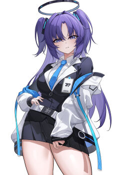 1girl absurdres belt black_jacket black_skirt blue_archive blue_necktie collared_shirt dai_mao_xuan_yi hair_ornament halo highres id_card jacket jacket_partially_removed long_hair looking_at_viewer mechanical_halo millennium_science_school_logo multicolored_eyes necktie pleated_skirt purple_eyes purple_hair shirt skirt thighs triangle_hair_ornament two-tone_eyes two_side_up white_background white_jacket white_shirt yuuka_(blue_archive)