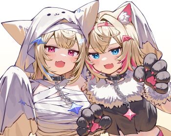 2girls animal_ears animal_hands aqua_eyes aqua_hair black_choker black_shirt blush breasts choker commentary_request deaver dog_ears dog_girl fuwawa_abyssgard gloves halloween halloween_costume highres hololive large_breasts long_hair looking_at_viewer mococo_abyssgard multiple_girls mummy_costume open_mouth paw_gloves pink_eyes pink_hair shirt short_hair siblings simple_background sisters smile twins upper_body virtual_youtuber werewolf_costume white_background