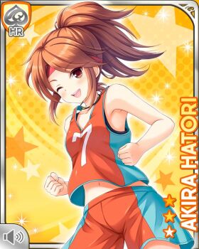 1girl basketball_uniform blouse brown_eyes brown_hair card character_name clenched_hands female_focus girlfriend_(kari) hair_ornament hairclip hatori_akira headband holding official_art open_mouth orange_shirt plaid_clothes plaid_skirt ponytail qp:flapper raised_arm shirt shorts skirt smile solo sportswear tagme teeth yellow_background