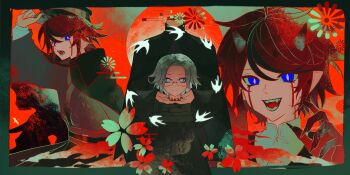 2boys absurdres alternate_costume aotsuki_eito black_hair black_hakama black_hat black_kimono blue_eyes bright_pupils chinese_commentary commentary_request facepaint fangs fingernails glasses grey_hair hakama hand_on_own_hat hat highres holding_detached_head horns japanese_clothes kimono long_fingernails long_sleeves male_focus multicolored_hair multiple_boys open_mouth purple_eyes rectangular_eyewear red_hair shirt short_hair slit_pupils smile streaked_hair sumino_takumi the_hundred_line_-last_defense_academy- tiaojinhailiduoyu609 tsurime two-tone_hair white_pupils white_shirt wide_sleeves