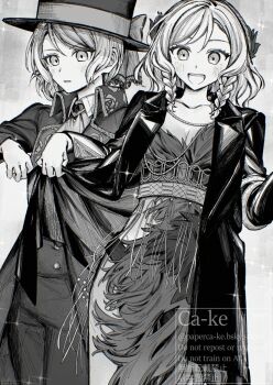 :d bang_dream! boater_hat breasts cleavage clothes_grab coat coat_grab collared_shirt cosplay feather_dress feather_hair_ornament feathers greyscale hair_ornament hikawa_hina hikawa_sayo long_hair looking_at_viewer monochrome open_clothes open_coat open_mouth pants paperca-ke reverse:1999 schneider_(reverse:1999) schneider_(reverse:1999)_(cosplay) shirt siblings sisters smile twins vertin_(reverse:1999) vertin_(reverse:1999)_(cosplay) watermark