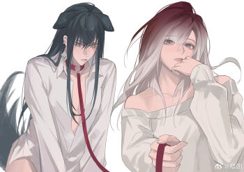 2girls absurdres animal_ears black_hair chinese_commentary closed_mouth collar collared_shirt commentary_request dog_ears dog_girl dog_tail gradient_hair heart heart_o-ring highres holding holding_leash kemonomimi_mode leash long_hair miix777 multicolored_hair multiple_girls o-ring o-ring_collar off-shoulder_shirt off_shoulder path_to_nowhere rahu_(path_to_nowhere) red_hair shalom_(path_to_nowhere) shirt simple_background tail white_background white_hair white_shirt yuri