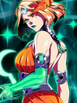 1girl ancient_greek_clothes asymmetrical_arms black_sclera bone colored_sclera dress glowing_arm greco-roman_clothes green_lips hades_(series) hades_2 heterochromia highres laurel_crown melinoe_(hades) mingway mismatched_sclera orange_dress red_eyes see-through_body skeletal_arm