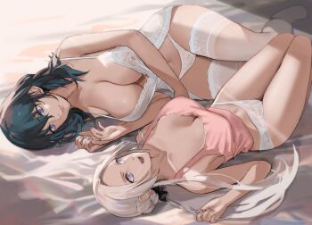 2girls babydoll bare_legs bare_shoulders blue_eyes blue_hair breasts female_byleth_(fire_emblem) camisole cleavage edelgard_von_hresvelg fire_emblem fire_emblem:_three_houses fire_emblem_warriors:_three_hopes forehead j@ck lace lace-trimmed_legwear lace_trim large_breasts lingerie long_hair lying medium_breasts medium_hair multiple_girls navel nintendo on_back on_bed on_side open_mouth panties parted_bangs pink_camisole purple_eyes smile thighhighs thighs underwear white_hair white_legwear white_panties