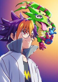 1boy absurdres black_shirt blonde_hair blue_hair crescent digimon digimon_(creature) digimon_beatbreak facial_mark forehead_mark gecko gekkomon glasses gradient_background highres jacket looking_up male_focus multicolored_hair official_art on_head purple_background purple_eyes round_eyewear shirt tenma_tomoro two-tone_hair upper_body white_jacket white_shirt yellow_background