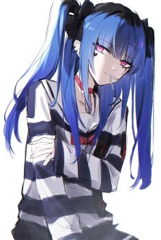 Rule 34 | 1girl, amemiya darumi, black bow, black hair, black shirt, black skirt, blue hair, bow, bowtie, chin piercing, choker, closed mouth, cowboy shot, earclip, eyes visible through hair, face piercing, facepaint, facial mark, fishicon, hair bow, hand on own arm, heart, heart facial mark, highres, long hair, long sleeves, mark under eye, multicolored hair, piercing, pink eyes, red bow, red bowtie, red choker, roots (hair), safety pin, sailor collar, sailor shirt, shirt, simple background, skirt, solo, striped clothes, striped shirt, the hundred line -last defense academy-, twintails, two-tone hair, two-tone shirt, white background, white shirt