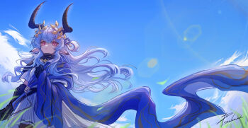 1girl absurdres animal_ears arknights blue_hair blue_shawl blue_sky chinese_commentary closed_mouth cloud commentary_request cynisca_(arknights) day dress floating_hair highres horns laurel_crown leaf lens_flare long_hair looking_at_viewer outdoors peachew purple_eyes shawl signature sky solo very_long_hair wavy_hair white_dress