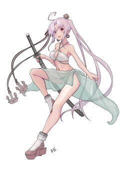 1girl ahoge akitsushima_(kancolle) alternate_costume anchor_hair_ornament bikini breasts criss-cross_halter earrings full_body green_sarong grey_hair grey_sarong hair_ornament hair_ribbon halterneck hat highres holding holding_sheath japanese_clothes jewelry kantai_collection katana kimono long_hair medium_breasts mini_hat navel neve_(morris-minicooper) open_mouth pink_eyes pink_hair purple_eyes ribbon rudder_footwear sarong scabbard see-through_clothes see-through_sarong sheath sheathed side_ponytail simple_background smile solo standing standing_on_one_leg swimsuit sword very_long_hair weapon white_background white_bikini