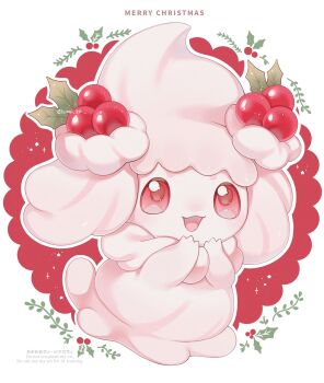 :d alcremie cherry food fruit full_body gen_8_pokemon highres iwasi_29 leaf merry_christmas nintendo open_mouth pokemon pokemon_(creature) pokemon_focus red_background red_eyes smile solo standing twitter_username watermark
