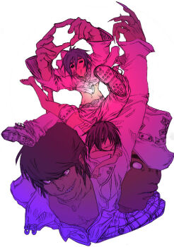 1girl 2d_(gorillaz) 3boys claws gorillaz hair_over_eyes hat multiple_boys murdoc_niccals noodle_(gorillaz) russel_hobbs simple_background white_background