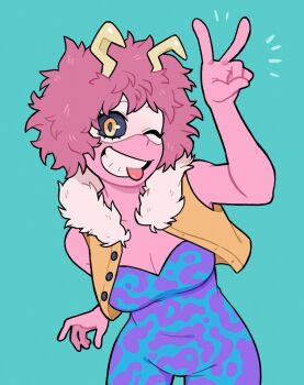 Rule 34 | 1girl, absurdres, ashido mina, bare shoulders, biting tongue, black sclera, blue background, blue unitard, boku no hero academia, breasts, brown jacket, cleavage, colored sclera, colored skin, covered navel, cropped jacket, doodlelotl, eye mask, fur-trimmed jacket, fur collar, fur trim, grin, hand up, highres, horns, jacket, looking at viewer, mask, medium breasts, messy hair, multicolored clothes, one eye closed, pink hair, pink skin, short hair, sleeveless, sleeveless jacket, smile, solo, strapless, tongue, tongue out, unitard, v, white mask, yellow eyes, yellow horns