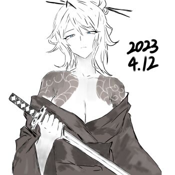 artist_request blue_eyes breasts chopsticks cleavage faust_(project_moon) hair_ornament hairpin highres holding holding_sword holding_weapon japanese_clothes katana kimono kurokumo_clan_(identity)_(project_moon) large_breasts limbus_company looking_at_viewer multiple_hairpins obi off_shoulder project_moon sash shoulder_tattoo sword tattoo weapon white_hair