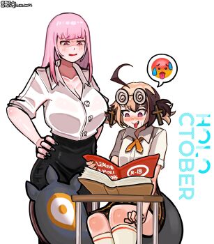 2girls @_@ absurdres ahoge alternate_costume artist_name black_nails black_pants black_tail blaparky blunt_bangs blush book breasts brown_hair caught clueless coke-bottle_glasses collared_shirt commentary cowboy_shot cross_hair_ornament desk disgust emoji english_commentary excited eyebrows_hidden_by_hair gigi_murin glasses hair_ornament highres holding holding_book hololive hololive_english large_breasts long_hair looking_at_another mori_calliope multicolored_hair multiple_girls nail_polish naughty_face necktie open_book open_mouth orange_necktie pale_skin pants pink_eyes pink_hair pleated_skirt raised_eyebrow reading school_desk school_uniform sharp_teeth shirt short_hair short_twintails sidelocks simple_background sitting skirt standing straight_hair sweat tail teacher_and_student teeth thighhighs tongue tongue_out twintails two-tone_hair virtual_youtuber white_background white_shirt