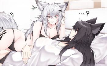 ...? 2girls absurdres animal_ear_fluff animal_ears arknights bed black_bra black_hair black_panties bra breasts brown_eyes cleavage commentary english_commentary eyeliner grey_eyes grey_hair grin hair_between_eyes hair_ornament hairclip hand_on_own_stomach head_on_pillow highres indoors lappland_(arknights) large_breasts long_hair looking_at_another lying makeup material_growth multiple_girls on_back on_bed on_side oripathy_lesion_(arknights) panties pillow red_eyeliner samip scar scar_across_eye scar_on_face shared_bed shirt smile t-shirt tail texas_(arknights) underwear white_shirt wolf_ears wolf_girl wolf_tail