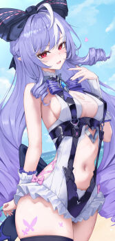 1girl absurdres armpit_crease arms_behind_back barefoot beach black_bow blue_sky bow breasts clothing_cutout grey_one-piece_swimsuit hair_between_eyes highres light_blush long_hair looking_at_viewer medium_breasts mole mole_under_eye nail_polish navel navel_cutout official_alternate_costume official_alternate_hairstyle one-piece_swimsuit open_mouth pointy_ears purple_hair purple_nails red_eyes sitting sky smile solo stomach swimsuit thigh_strap thighs very_long_hair vivian_banshee vivian_banshee_(iris_of_the_shore) zenless_zone_zero zo_(nphm3333)