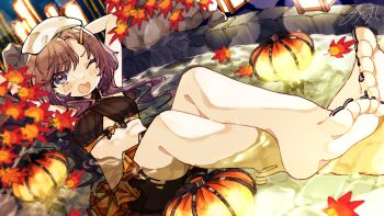 Rule 34 | 1girl, ;d, autumn leaves, barefoot, black shorts, blush, brown hair, commentary request, feet, full body, hair ornament, hairclip, highres, leaf, long hair, looking at viewer, lying, nail polish, night, notamaru 2, on back, one eye closed, onsen, open mouth, original, purple nails, shorts, signature, smile, solo, toenail polish, toenails, towel, towel on head