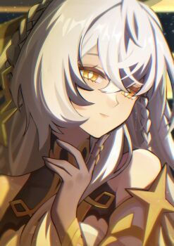 1girl bare_shoulders braid bright_pupils commentary expressionless finger_to_own_chin genshin_impact istaroth_(genshin_impact) jewelry long_hair moonieclover multiple_rings portrait ring solo symbol-only_commentary upper_body white_hair white_pupils yellow_eyes