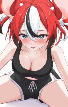 1girl absurdres alternate_costume animal_ear_fluff animal_ears black_hair black_shorts black_tank_top blue_eyes blush breasts cleavage colored_tips commentary_request double-parted_bangs hair_between_eyes hakos_baelz highres hololive hololive_english ilie_ilie leaning_forward looking_at_viewer medium_breasts mouse_ears mouse_girl multicolored_hair open_mouth red_hair short_shorts shorts simple_background sitting solo streaked_hair tank_top twintails virtual_youtuber white_background white_hair