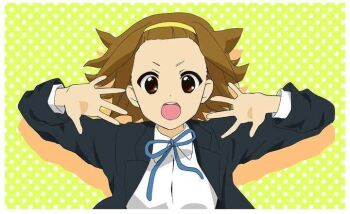 1girl artist_request brown_eyes brown_hair dot_nose facing_viewer feet_out_of_frame female_focus forehead headband k-on! long_sleeves looking_at_viewer open_mouth ribbon sakuragaoka_high_school_uniform school_uniform shirt short_hair solo source_request standing tainaka_ritsu teeth white_shirt yellow_headband