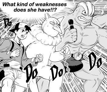 1boy absurdres anal_beads backpack backwards_hat bag bb_(baalbuddy) bulge clenched_hand dildo emphasis_lines english_text ethan_(pokemon) extra_arms gen_1_pokemon hat highres holding holding_sex_toy hypno machamp monochrome nervous_sweating nintendo open_mouth pokemon pokemon_(creature) pokemon_gsc sex_toy shorts sound_effects sweat v-shaped_eyebrows vibrator