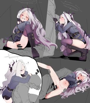 ...? 1boy 1girl ? absurdres bar_censor bare_legs belt black_belt black_boots black_gloves black_skirt blue_archive blush boots bottomless buttons censored clenched_teeth closed_eyes clothes_lift cowgirl_position dark-skinned_male dark_skin demon_girl demon_horns demon_wings dreaming facepalm fellatio girl_on_top gloves grabbing_from_behind half-closed_eyes halo hand_on_another's_leg hetero highres hina_(blue_archive) horns imagining jacket knee_boots knee_up leaning_on_person leg_up loli long_hair long_sleeves low_wings lying meyu military_uniform miniskirt multiple_views navel on_side one_eye_closed open_mouth oral pencil_skirt penis ponytail purple_eyes purple_jacket purple_thighhighs sensei_(blue_archive) sex side_slit skirt skirt_lift speech_bubble spread_legs squatting straddling sweat sweatdrop teeth thighhighs thighs thought_bubble unworn_skirt upper_teeth_only vaginal very_long_hair white_hair wings zettai_ryouiki