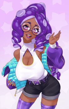 1girl absurdres black_shorts blue_jacket breasts chuchanchel dark-skinned_female dark_skin glasses highres indie_virtual_youtuber jacket large_breasts long_hair looking_at_viewer momma_occo multicolored_jacket nintendo octoling open_clothes open_jacket open_mouth purple_eyes purple_hair purple_jacket purple_lips purple_thighhighs round_eyewear shirt short_shorts shorts sleeveless sleeveless_shirt splatoon_(series) teeth tentacle_hair thighhighs two-sided_fabric two-sided_jacket two-tone_jacket upper_teeth_only virtual_youtuber white_shirt
