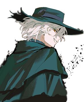 Rule 34 | 1boy, cloak, commentary request, edmond dantes (fate), fate/grand order, fate (series), fedora, green cloak, hair between eyes, hat, looking back, male focus, open mouth, orange eyes, short hair, sideways glance, smirk, solo, ss un17, upper body, white hair