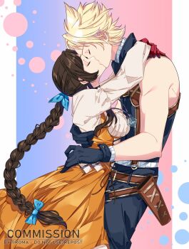 1boy 1girl aerith_gainsborough aerith_gainsborough_(garnet's_gown) arm_around_back arms_around_neck artist_name bare_shoulders belt black_choker black_gloves black_pants black_vest blonde_hair blue_background blue_ribbon border braid braided_ponytail breasts brown_belt brown_hair choker closed_eyes cloud_strife cloud_strife_(zidane's_outfit) commission cosplay couple cowboy_shot cropped_vest crystal dress final_fantasy final_fantasy_vii final_fantasy_vii:_ever_crisis garnet_til_alexandros_xvii garnet_til_alexandros_xvii_(cosplay) gloves gradient_background hair_ribbon hand_on_another's_hip hetero highres jewelry juliet_sleeves kiss long_dress long_hair long_sleeves medium_breasts official_alternate_costume orange_dress pants parted_bangs pendant pink_background puffy_sleeves red_gloves ribbed_sweater ribbon sharp_teeth shirt short_hair sidelocks single_braid sleeveless sleeveless_turtleneck sweater teeth tiroma turtleneck turtleneck_sweater underbust vest white_border white_shirt white_sweater zidane_tribal zidane_tribal_(cosplay)
