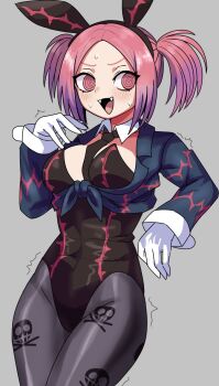 1girl @_@ animal_ears blush bow bowtie breasts commentary_request detached_collar duel_monster fake_animal_ears fangs gloves grey_background highres large_breasts leotard long_sleeves necktie open_mouth pantyhose playboy_bunny rabbit_ears red_eyes red_hair simple_background skull_and_crossbones skull_print tour_guide_from_the_underworld twintails wadatsumi_(sense11531153) white_gloves yu-gi-oh!
