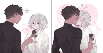 ! 2boys absurdres bags_under_eyes black_eyes black_hair blue_eyes blush closed_eyes curly_hair dark-skinned_male dark_skin dungeon_meshi elf finger_puppet grey_hair heart highres kabru kiss lazy_eye lella_nyam long_sleeves male_focus mithrun multiple_boys pointy_ears puppet short_hair simple_background smile split_screen spoken_exclamation_mark sweatdrop sweater turtleneck uneven_eyes upper_body white_background yaoi