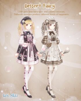 2girls animal_bag ankle_bow ankle_ribbon argyle_clothes argyle_socks artist_request badge bag bare_shoulders bear bear_bag beret black_bow black_bowtie black_dress black_hat black_shoes black_sleeves blonde_hair blunt_bangs bow bowtie brown_background brown_bag brown_bow brown_dress brown_eyes brown_hair brown_shoes brown_sleeves brown_socks character_name closed_mouth copyright_name dessert_fairy_(miracle_nikki) detached_sleeves dot_nose dress dual_persona english_text frilled_footwear frilled_sleeves frills full_body hair_bow happy hat high_heels holding holding_whisk icing juliet_sleeves lace lace-trimmed_dress lace_trim layered_dress light_blush light_particles logo lolita_fashion long_hair long_sleeves looking_at_viewer miracle_nikki multiple_girls nikki_(series) official_alternate_color official_art over-kneehighs parted_lips pink_bag pink_bow pink_dress pink_sleeves plaid_clothes plaid_dress plaid_sleeves pleated_dress puffy_sleeves pumps ribbon shoes shoulder_bag sleeveless sleeveless_dress smile socks standing striped_bow striped_clothes striped_headwear striped_socks thighhighs twintails two-tone_sleeves vertical-striped_clothes vertical-striped_headwear vertical-striped_socks waist_bow wavy_hair whipped_cream whisk white_hat white_sleeves white_socks