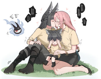 3girls animal_ear_fluff animal_ears artist_name black_boots black_hair black_skirt blush boots bracelet braid breasts closed_eyes collared_shirt commentary covering_own_eyes dailymiyanagi earrings english_commentary flats fox_ears grass heart highres hoshimi_miyabi jewelry kiss long_hair mother_and_child mother_and_daughter multiple_girls on_ground pants parent_and_child pencil_skirt pink_hair ring science_babies shirt short_hair short_sleeves simple_background sitting sitting_on_lap sitting_on_person skirt squiggle tail tailless_(zenless_zone_zero) tsukishiro_yanagi white_background yellow_shirt yuri zenless_zone_zero