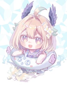 Rule 34 | 1girl, :d, blonde hair, blush stickers, brown eyes, chibi, chibi only, double-parted bangs, enna alouette, flower, full body, hair flower, hair ornament, hashtag-only commentary, head wings, highres, innertube, looking at viewer, nijisanji, nijisanji en, oneyife1, open mouth, short hair, smile, solo, swim ring, virtual youtuber, water, wings