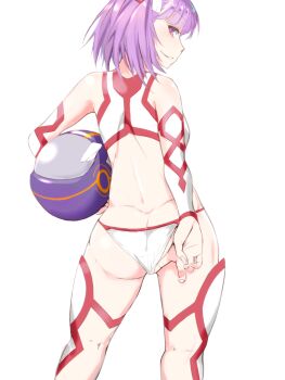 1girl adjusting_clothes adjusting_swimsuit ass back bare_back bare_shoulders bikini blunt_bangs blush bow butt_crack detached_sleeves dimples_of_venus fate/grand_order fate_(series) female_focus hair_bow helena_blavatsky_(fate) helena_blavatsky_(swimsuit_archer)_(second_ascension)_(fate) helmet legs_apart long_sleeves looking_at_viewer p_answer parted_lips profile short_hair simple_background smile solo standing swimsuit thighhighs unworn_headwear unworn_helmet watermark web_address white_background white_bikini white_thighhighs