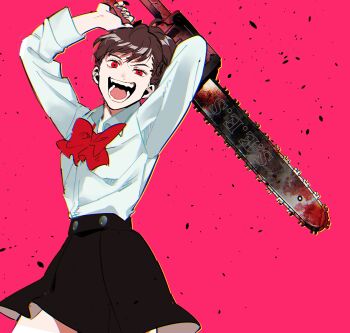 1girl arm_up black_skirt blood blood_on_object bow brown_hair buttons chainsaw crazy debris gekkoukan_high_school_uniform hair_ornament hairclip hand_up highres holding holding_chainsaw holding_weapon ine_(goin) looking_at_viewer open_mouth persona persona_3 persona_3_portable red_background red_bow red_eyes school_uniform shiomi_kotone shirt skirt smile teeth tongue weapon