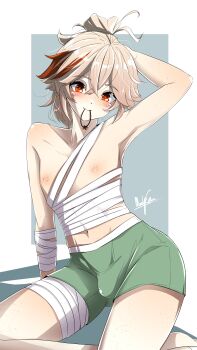 1boy absurdres bandaged_arm bandaged_chest bandaged_leg bandages bulge closed_mouth freckles genshin_impact green_shorts hair_between_eyes hashtag-only_commentary highres kaedehara_kazuha long_hair looking_at_viewer male_focus marky_evan mouth_hold multicolored_hair nipples red_eyes red_hair shorts solo streaked_hair topless_male trap white_hair