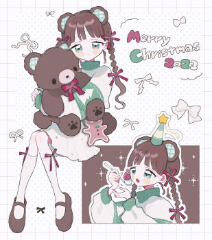 Rule 34 | 1girl, animal ears, bear ears, bear girl, bear tail, blunt bangs, blush stickers, bow, bowtie, braid, brown hair, brown shoes, closed mouth, commentary request, eating, fang, food, fruit, full body, green eyes, hair bow, highres, holding, holding spoon, holding stuffed toy, kneehighs, long hair, long sleeves, looking at viewer, merry christmas, multiple views, niyu (nennenkorori3), open mouth, original, polka dot, polka dot background, red bow, red bowtie, shoes, socks, solo, spoon, strawberry, stuffed animal, stuffed toy, sweater, tail, teddy bear, turtleneck, turtleneck sweater, twin braids, white background, white bow, white socks, white sweater